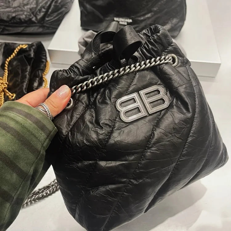 Balenciaga Crush collection black quilted pleated leather chain bag