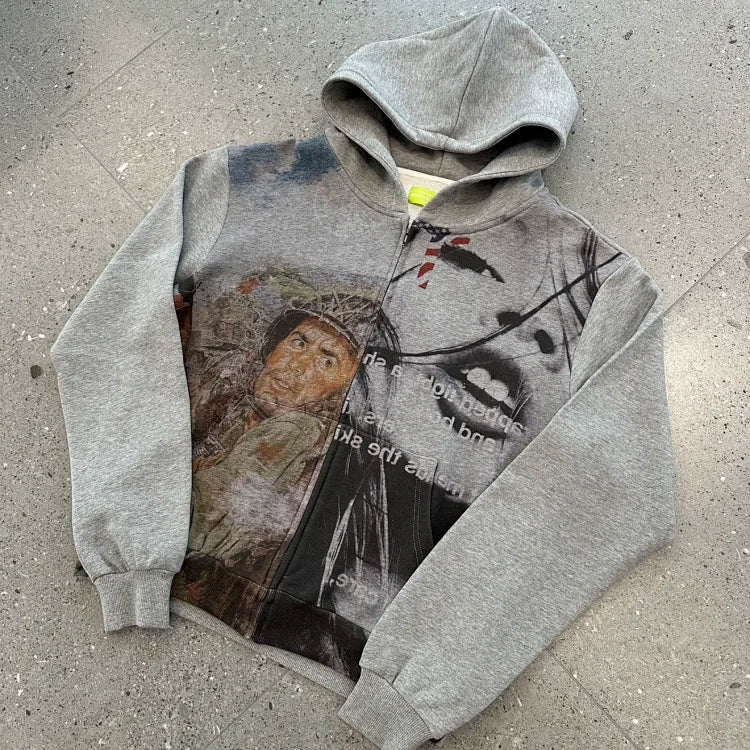 Light gray zip-up hoodie with  Peace in War  print
