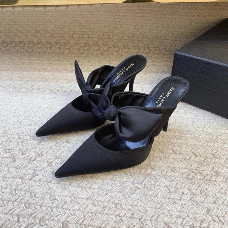 Saint Laurent black Barbara satin bow mules