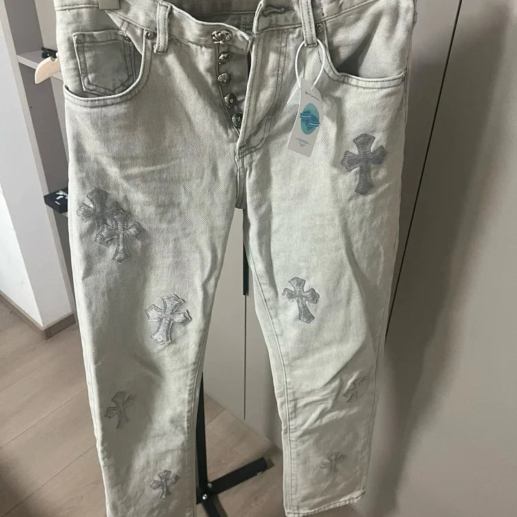 Chrome Hearts Silver Leather Patch Jeans