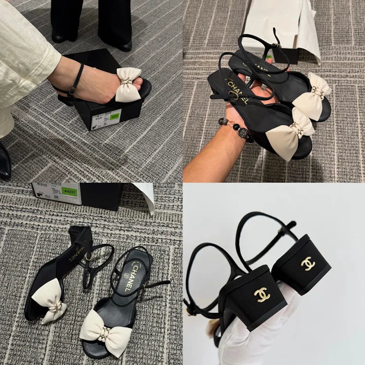 Chanel slingback sandals adorned with black grosgrain bows